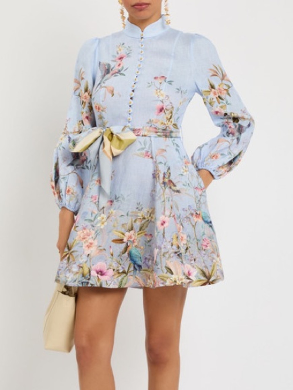 Zimmermann Pale Blue Floral Silk Mini Dress with Yellow Bow Accent